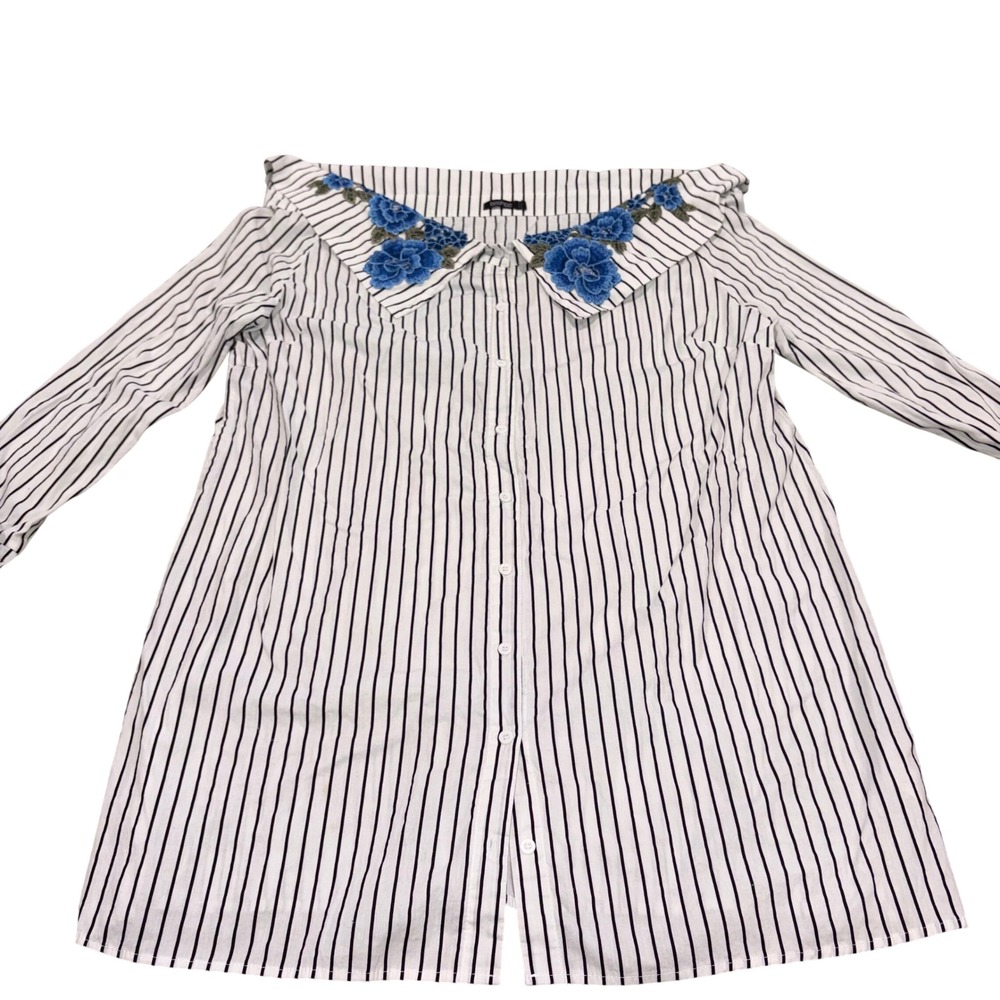 Floral Embroidered Off Shoulder Button Down Shirt Dress Women 16 White Boohoo